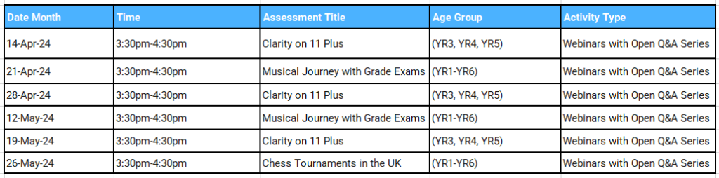 Free Webinar Timetable